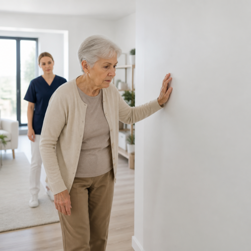 Seniorka z aparatem słuchowym ostrożnie idzie wzdłuż ściany