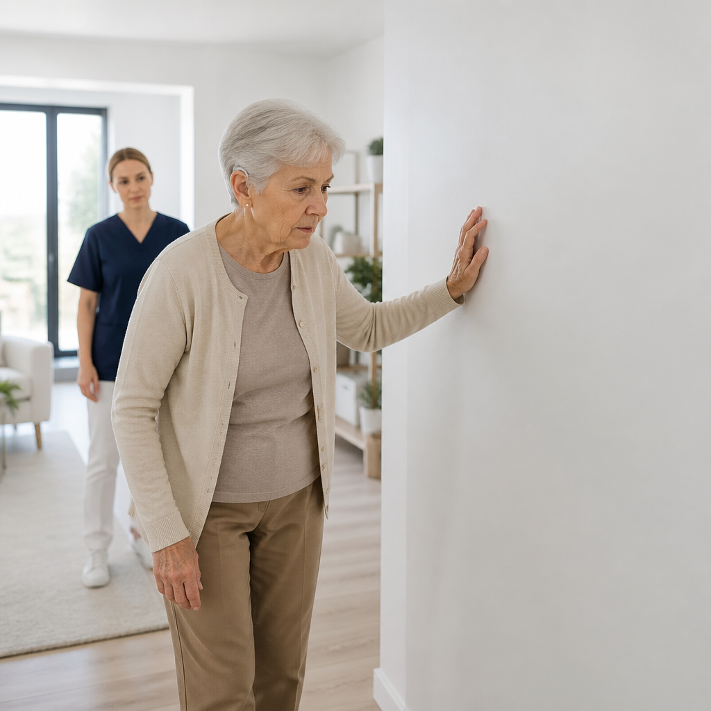 Seniorka z aparatem słuchowym ostrożnie idzie wzdłuż ściany